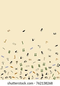 Egyptian hieroglyph symbols isolated on yellow background.Ancient civilization hieroglyphic script frame or background for history book, Antique pyramids egypt icons. Old language symbolis text..