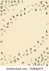 Egyptian hieroglyph symbols isolated on yellow background.Ancient civilization hieroglyphic script frame or background for history book, Antique pyramids egypt icons. Old language symbolis text..