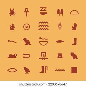 Egyptian hieroglyphics. Ancient Egypt letter symbols, old stone monument script writing, antique decorative signs in pyramid. Vector isolated set. Historical manuscript, archeology artifact