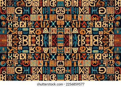 Egyptian hieroglyphs alphabet pattern background. Abstract traditional folk antique tribal ethnic graphic line. Ornate elegant luxury vintage retro style for texture textile fabric background v