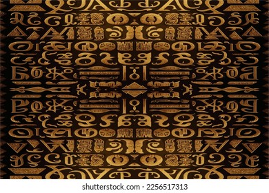 Egyptian hieroglyphs alphabet pattern golden background. Abstract traditional folk antique tribal ethnic Egypt graphic line. Ornate elegant luxury vintage retro style for texture textile fabric tile. 