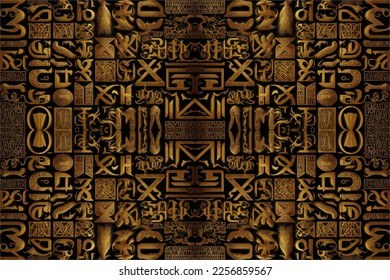 Egyptian hieroglyphs alphabet pattern golden background. Abstract traditional folk antique tribal ethnic Egypt graphic line. Ornate elegant luxury vintage retro style for texture textile fabric tile. 