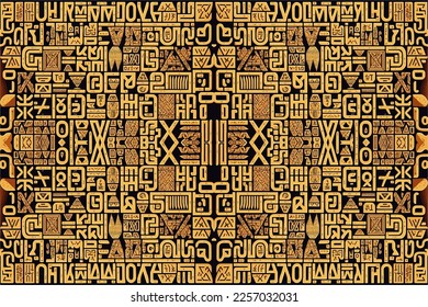 Egyptian hieroglyphs alphabet pattern golden background. Abstract traditional folk antique tribal ethnic Egypt graphic line. Ornate elegant luxury vintage retro style for texture textile fabric tile. 