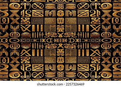 Egyptian hieroglyphs alphabet pattern golden background. Abstract traditional folk antique tribal ethnic Egypt graphic line. Ornate elegant luxury vintage retro style for texture textile fabric tile. 