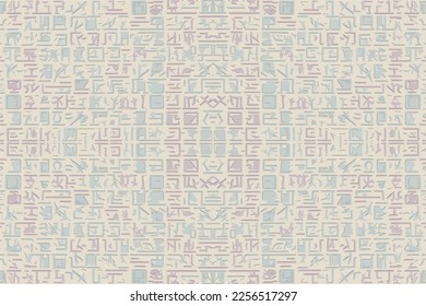 Egyptian hieroglyphs alphabet pattern pastel background. Abstract traditional folk antique tribal ethnic Egypt graphic line. Ornate elegant luxury vintage retro style for texture textile fabric tile. 