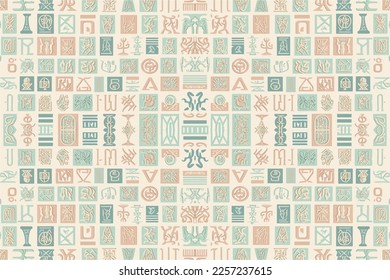 Egyptian hieroglyphs alphabet pattern pastel background. Abstract traditional folk antique tribal ethnic Egypt graphic line. Ornate elegant luxury vintage retro style for texture textile fabric tile. 