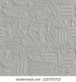 Egyptian hieroglyphs emboss 3d seamless pattern. African tribal ethnic white vector background. Embossed repeat grunge backdrop. Textured egyptian hieroglyphs ornament. Surface relief symbols, signs.