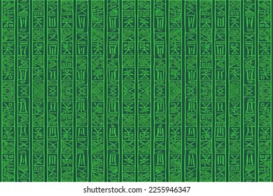 Egyptian hieroglyphs ethnic pattern green background. Abstract traditional folk antique tribal zigzag graphic line. Texture textile fabric Egyptian vector ornate elegant luxury vintage retro style.