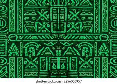 Egyptian hieroglyphs ethnic pattern green background. Abstract traditional folk antique tribal zigzag graphic line. Texture textile fabric Egyptian vector ornate elegant luxury vintage retro style.