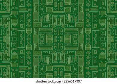 Egyptian hieroglyphs ethnic pattern green background. Abstract traditional folk antique tribal zigzag graphic line. Texture textile fabric Egyptian vector ornate elegant luxury vintage retro style.