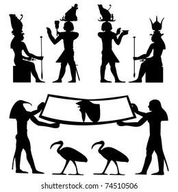 Egyptian hieroglyphs and fresco. Vector illustration.