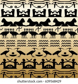 Egyptian hieroglyphs seamless border pattern. African ethnic  background. Tribal  wallpaper. Vector light  texture with black  ornaments for fabric, textile. Ancient illustration.
