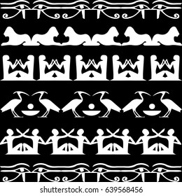 Egyptian hieroglyphs seamless border  pattern. African ethnic black background wallpaper with white  animals, birds, women, men  and ancient egyptian ornaments. Vector african illustration. Isolated