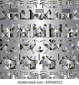 Egyptian hieroglyphs seamless border pattern. African ethnic  background. Tribal 3d wallpaper. Vector silver texture with antique ornaments  for fabric, textile. Ancient illustration.