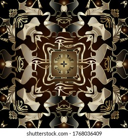 Egyptian hieroglyphs seamless pattern. African ethnic vector background wallpaper with gold shapes, all seeing eyes, symbols, signs. Ancient  illustration. Luxury design for fabric, prints, textile.