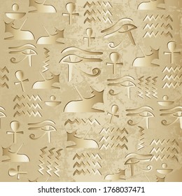 Egyptian hieroglyphs seamless pattern. African ethnic vector background wallpaper with gold shapes, all seeing eyes, symbols, signs, animals, zig zag lines. Luxury design for fabric, prints, textile.