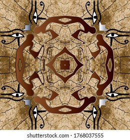 Egyptian hieroglyphs seamless pattern. African ethnic tribal cracked vector background. Abstract shapes, all seeing eyes, symbols, signs, peopls, lines. Grunge design for fabric, prints, textile.