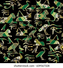 Egyptian hieroglyphs seamless  pattern. African ethnic  background. Tribal 3d wallpaper. Vector ornamental  texture with animals, eyes, greek key and  antique  ornaments. Ancient illustration.
