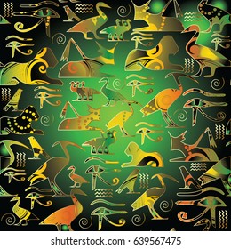 Egyptian hieroglyphs seamless pattern. African ethnic colorful background. Tribal 3d wallpaper. Vector ornamental bright  texture with ancient ornaments for fabric, textile. Egyptian illustration.