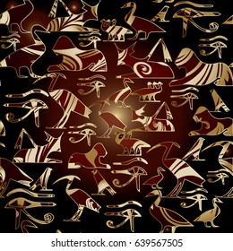 Egyptian hieroglyphs seamless pattern. African ethnic colorful vector background. Tribal 3d wallpaper. Vector ornamental texture with gold antique ornaments for fabric, textile. Ancient illustration.