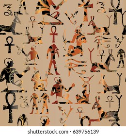 Egyptian hieroglyphs seamless  pattern. African ethnic beige background. Tribal 3d wallpaper. Vector ornamental  texture with gold antique ornaments . Ancient illustration.