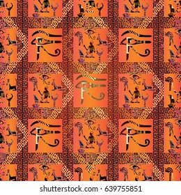Egyptian hieroglyphs seamless vector  pattern. African ethnic orange check background. Tribal  wallpaper illustration with  3d greek key stripes, eyes, meanders, ornamental  ancient egyptian ornaments