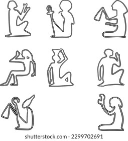 Egyptian hieroglyphs set line drawing.