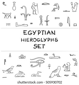 Egyptian hieroglyphs set or pattern. Vector elements, isolated on white background.