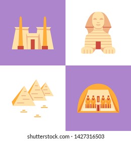Egyptian historical monuments icon set in flat style. Great famous architecture symbols of Egypt - pyramids, Karnak temple, Abu Simbel and Sphinx. Vector illustration.