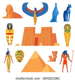 Caracteres de historia egipcia establecidos. Símbolos egipcios antiguos, gato, Iris, deidad con el cabecero de un pájaro, Horus, pirámides, esfinx, Nefertiti, Cleopatra. Para mitología, leyenda, cultura, concepto de egiptología