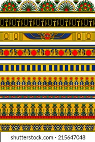 Egyptian horizontal banners with berries, ankh, feathers and cartouch, papyrus, snakes.