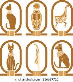 Iconos egipcios con Bastet, serpiente, plumas y faraón?uth en cartouches aislados en blanco.