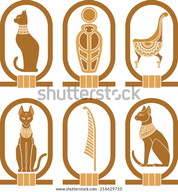 Egyptian Icons Bastet Snake Feather Throne Stock Vector Royalty Free