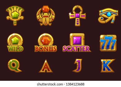 Egyptian icons for casino machines slots game with coloured precious gems. Vector Egypt golden Slots icons on separate layers.