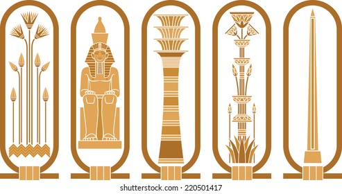 Egyptian icons with papyrus, sitting pharaoh, column-Udjat and obelisk in cartouches.