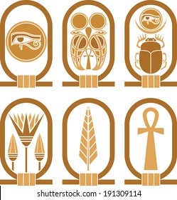 Egyptian icons with sun and eye of Ra, snakes, scarab, papyrus, feather and ankh in cartouches.