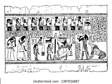 Egyptian image, many people going to market and some people seating in a chair, vintage line drawing or engraving illustration.