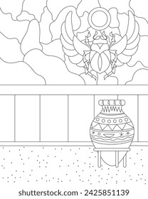 Egyptian interior with vase and scarab beetle mosaic. Egyptian background. Coloring page, icon, black and white vector illustration.