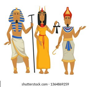 Egyptian kings and queen Pharaohs and Cleopatra isolated male and female characters vector ancient Egypt scepter and coptic cross traditional clothing crowns woman and men royalty egyptology science.
