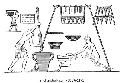 An Egyptian kitchen with pantry, vintage engraved illustration.
