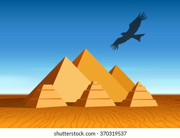 Egyptian  Landscape With Ancient Pyramids And Flying Eagle.