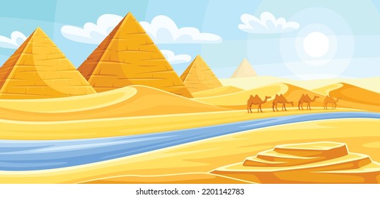 Egyptian landscape concept. Colorful African panorama with desert, sand dunes, ancient pyramids and camel caravan in Nile river valley. Hot sunny day in Sahara Desert. Cartoon flat vector illustration