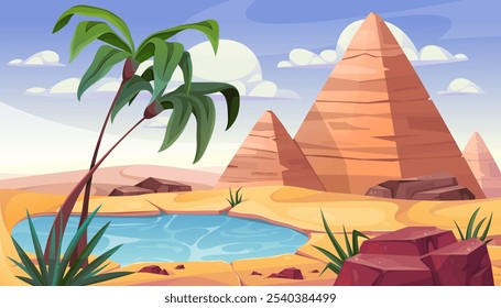 Paisagem egípcia de deserto com oásis, palmeira verde e lagoa. Vetor em estilo cartoon, pirâmides da antiga civilização antiga. Natureza selvagem ou atração turística para turistas e passeios