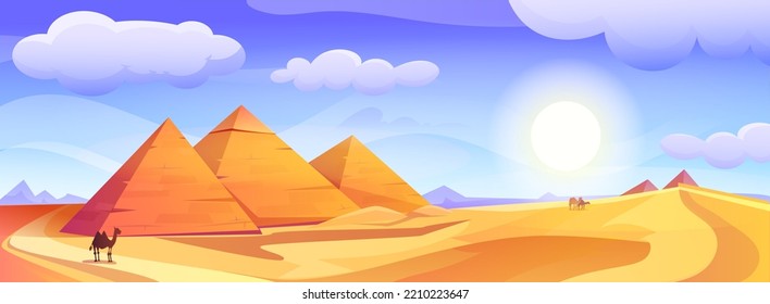 Egyptian landscape with egyptian pharaohs pyramids vector cartoon illustration. African desert with ancient tombs, bedouin camels and yellow sand dunes. Ancient complex with hot sun and clouds in sky.