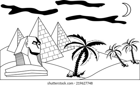 Egyptian landscape, view of the pyramids and the Sphinx.