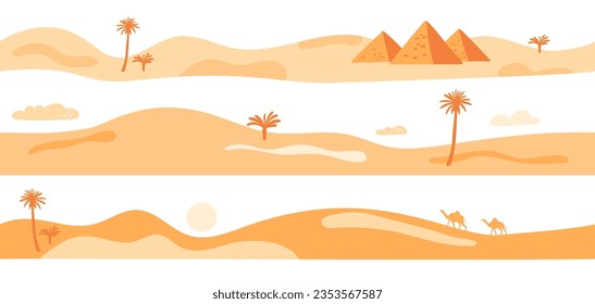 Egyptian landscapes seamless borders. Desert scenery. Sands dunes with ancient pyramids. Palm trees and camels. Dry climate. Sky clouds and sun. African Sahara panorama