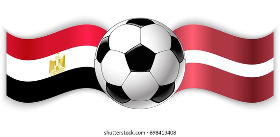 Egyptian and Latvian wavy flags with football ball. Egypt combined with Latvia isolated on white. Football match or international sport competition concept.