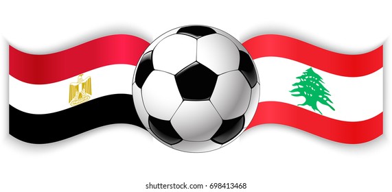 Egyptian and Lebanese wavy flags with football ball. Egypt combined with Lebanon isolated on white. Football match or international sport competition concept.