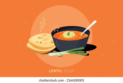 Egyptian lentil soup with parsley and lemon in deep bowl with Bread and Spring Onion