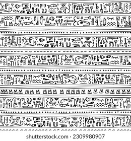 Egyptian lettering hand drawn mystery hieroglyphs childish seamless pattern vector illustration on white background